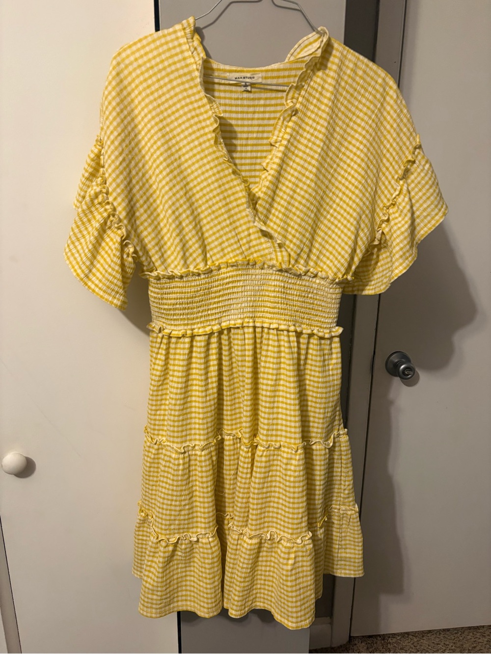 Max Studio Yellow Gingham Smocked Midi Dress